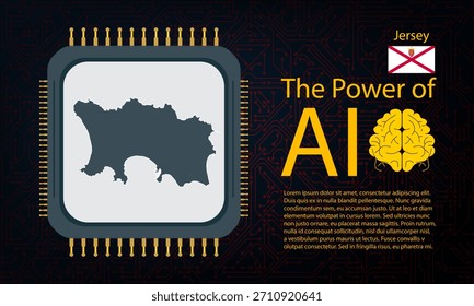 Jersey map with microchip war and AI concept on circuit board, Power of AI with country map. Global connectivity with big data. Design for UI backgrounds or FinTech projects.