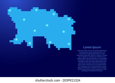 Jersey map silhouette from blue square pixels and glowing stars. Vector illustration.