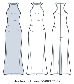 Jersey Maxi Dress technical fashion illustration. Tank Top Dress fashion flat technical drawing template, crew neck, side slit, slim fit, front and back view, white, blue, women Dress CAD mockup set.