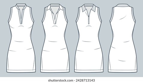 Jersey Mini Dress technical fashion illustration. Polo Dress fashion flat technical drawing template, sleeveless, half zipper, v-neck, front and back view, white, women Dress CAD mockup set.