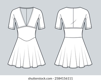 Jersey mini Dress Technical Fasion Illustration. Polo Dress fashion flat technical drawing template, flared, v neck, slim fit, front and back view, white, women CAD mockup.