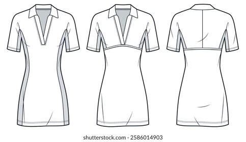 Jersey mini Dress Technical Fasion Illustration. Polo Dress fashion flat technical drawing template, v neck, short sleeves, pensil, slim fit, front and back view, white, women CAD mockup set.