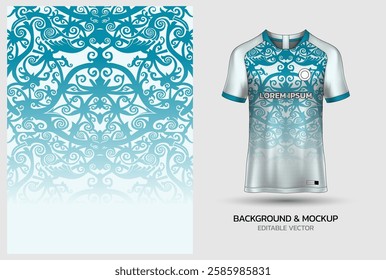 Jersey mockup and background pattern design. Uniform front view jersey and sublimation templates for soccer, football, volleyball, badminton, e-sports, casual