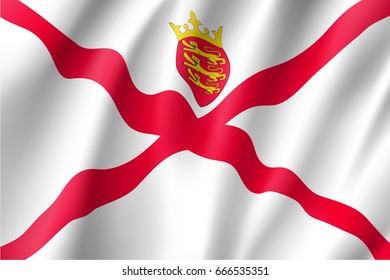 Jersey national flag, island, dependency of the United Kingdom, red saltire on a white field, surmounted by a yellow crown, and the badge. Vector realistic style illustration