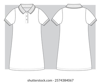 Jersey polo dress with short sleeve with stripes on rib technical sketch. Vector illustration.