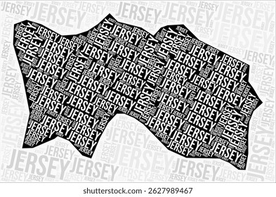 Jersey regions map word cloud. Jersey region names. Black and white map design. Creative vector illustration.
