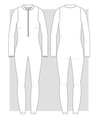 Jersey Sport Jumpsuit With Long Legs, Long Sleeves And Turtle Neck With Zipper Technical Sketch. Vector Illustration.