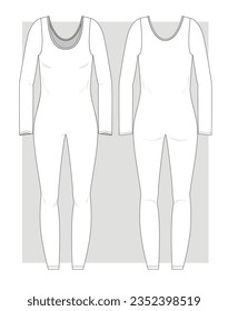 Jersey sport jumpsuit with long legs, long sleeves and round neck technical sketch. Vector illustration.