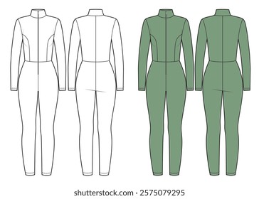 Jersey sport jumpsuit with zipper technical sketch