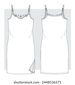 Jersey sundress with thin straps and lace on fronttechnical sketch. Vector illustration.