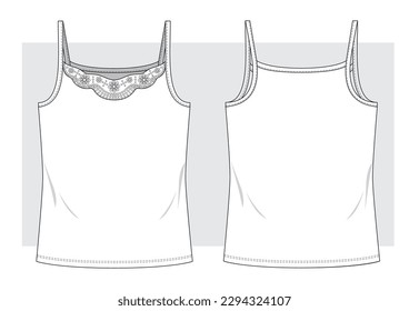 Jersey tank top with lace on front technical sketch. Vector illustration.