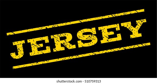 Jersey watermark stamp. Text tag between parallel lines with grunge design style. Rubber seal stamp with dust texture. Vector yellow color ink imprint on a blue background.