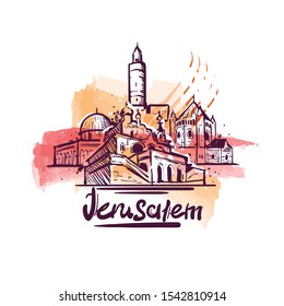 Jerusalem Abstract Art Color Drawing. Jerusalem Sketch Vector Illustration Isolated On White Background. 