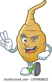 Jerusalem artichoke cartoon mascot style with two fingers