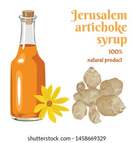 Jerusalem artichoke Syrup in glass bottle isolated on white background. Natural sweetener with Topinambur tubers and yellow flower. Vector illustration of Sunroot in cartoon flat style.