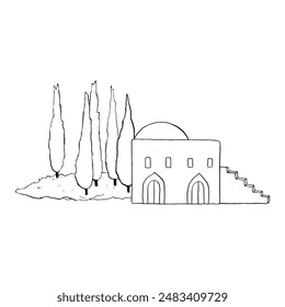 Jerusalem Bethlehem Arabic house with stairs and cypress trees line vector illustration in black and white. Simple Middle East architecture of Jordan, Saudi Arabia or Morocco for Biblical scenes