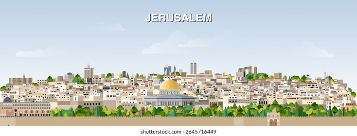 Horizonte de la ciudad de Jerusalén en gradiente hermoso fondo del cielo del día. Ilustración vectorial