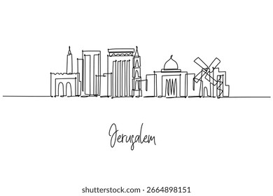 El horizonte de la ciudad de Jerusalén se presenta como un dibujo de una línea, que mezcla las paredes de la Ciudad Vieja, las formas de la Cúpula del Rock y las torres modernas; un concepto de Vector minimalista que celebra el patrimonio, los viajes y la arquitectura.