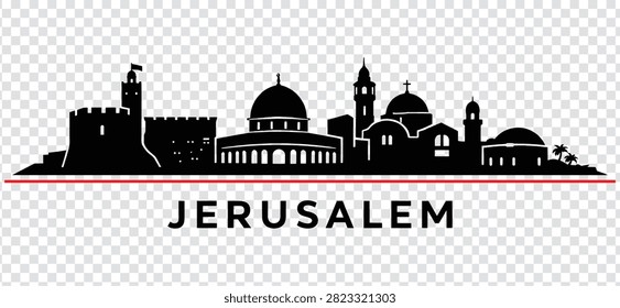 Jerusalem city skyline silhouette vector illustration. Detailed panoramic view of the holy city with its iconic landmarks and religious buildings.
