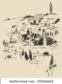 Jerusalem city view (Israel), vintage engraved vector illustration, hand drawn