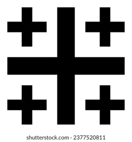 Jerusalem cross, black and white vector silhouette illustration of religious Christian five-fold cross shape, medieval variant, isolated on white background