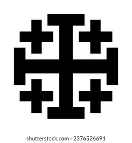 Jerusalem cross, also known as five-fold Cross or cross-and-crosslets. Variant of a Christian cross used in heraldry, consisting of a large cross potent surrounded by for smaller Greek crosses. Vector