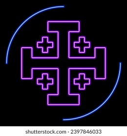 Jerusalem cross neon sign, modern glowing banner design, colorful modern design trends on black background. Vector illustration.