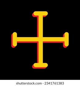 Jerusalem cross sign. 3D Extruded Yellow Icon with Red Sides a Black background. Illustration.