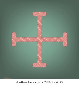 Jerusalem cross sign. Apricot Icon with Brick Red parquet floor graphic pattern on a Ebony background. Feldgrau. Green. Illustration.