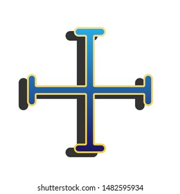 Jerusalem cross sign. Blue icon with gold contour with dark gray shadow at white background. Illustration.