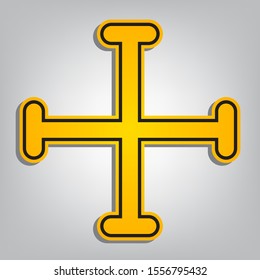 Jerusalem cross sign. Flat orange icon with overlapping linear black icon with gray shadow at whitish background. Illustration.