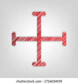 Jerusalem cross sign. Red gradient scribble Icon with artistic contour gray String on light gray Background. Illustration.