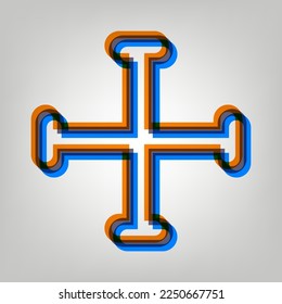 Jerusalem cross sign. Stroked Icon in orange, azure and old lavender Colors at gray Background. Illustration.