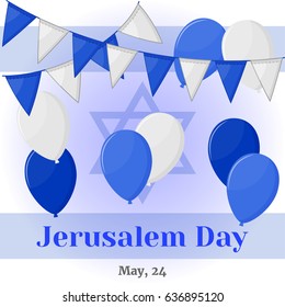 Jerusalem Day background or greeting card with flags and baloons in cartoon style. Vector illustration for you design, card, banner, poster, calendar or placard template. Holiday Collection.