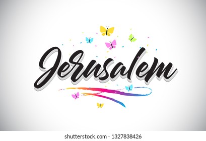Jerusalem Handwritten Word Text with Butterflies and Colorful Swoosh Vector Illustration Design.