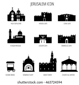 Jerusalem Icons. Al Aqsa Mosque; lions gate; Sesame bread; herods gate; golden gate; david tower; Damascus Gate; Church of Dominus Flevit; Church of All Nations