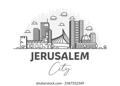 Jerusalem, Israel architecture line skyline illustration with shadows. Linear vector cityscape with famous landmarks, city sights, design icons.