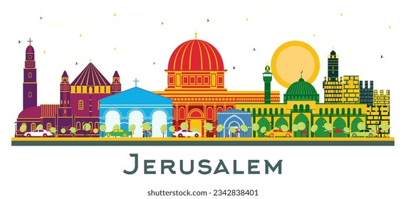 Jerusalem Israel city Skyline with Color Buildings isolated on white. Vector Illustration. Business Travel and Tourism Concept with Historic Architecture. Jerusalem Cityscape with Landmarks.