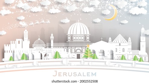 Jerusalem Israel City Skyline in Paper Cut Style with White Buildings, Moon and Neon Garland. Vector Illustration. Travel and Tourism Concept. Jerusalem Cityscape with Landmarks.