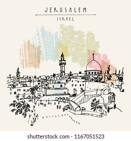 Jerusalem, Israel. City skyline. Wailing wall. Travel sketch. Hand drawn touristic postcard, poster, calendar or book illustration. Jerusalem city view postcard with hand lettering in vector