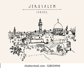 Jerusalem, Israel. City skyline. Wailing wall. Travel sketch. Hand drawn touristic postcard, poster, calendar or book illustration. Jerusalem city view postcard with hand lettering in vector