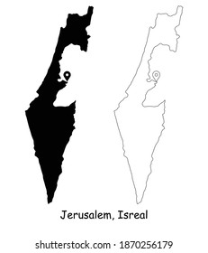 Jerusalem Israel. Detailed Country Map with Location Pin on Capital City. Black silhouette and outline maps isolated on white background. EPS Vector