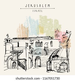 Jerusalem, Israel. Handmade brush ink drawing. Travel sketch. Hand drawn touristic postcard, poster, calendar or book illustration. Jerusalem city view postcard with hand lettering in vector