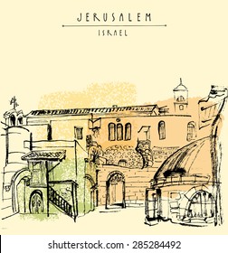 Jerusalem, Israel. Handmade brush ink drawing isolated in vector. Postcard greeting card graphic design template. Freehand travel sketch background with copy space for your text. Hand lettered title