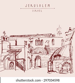 Jerusalem, Israel. Handmade brush ink drawing isolated in vector. Postcard greeting card graphic design template. Freehand travel sketch background with copy space for your text. Hand lettered title