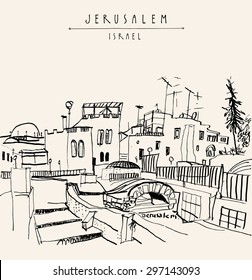 Jerusalem, Israel. Handmade brush ink drawing isolated in vector. Postcard greeting card graphic design template. Freehand travel sketch background with copy space for your text. Hand lettered title