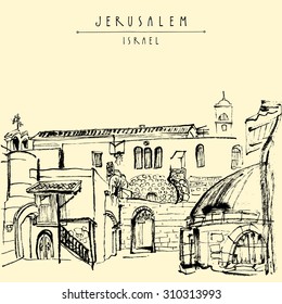 Jerusalem, Israel. Handmade brush ink drawing isolated in vector. Touristic postcard, poster, calendar or coloring book page. Freehand travel sketch background with "Jerusalem Israel" hand lettering