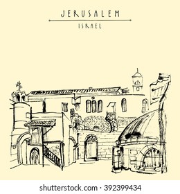 Jerusalem, Israel. Handmade brush ink drawing. Postcard or poster template. Book illustration. Freehand travel sketch isolated in vector
