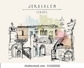 Jerusalem, Israel. Handmade brush ink drawing. Travel sketch. Hand drawn touristic postcard, poster, calendar or book illustration. Jerusalem city view postcard with hand lettering in vector