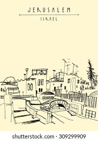 Jerusalem, Israel, Middle East. Vector isolated drawing illustration. Roofs, trees. Postcard greeting card graphic design template. Freehand skyline background  with "Jerusalem Israel" hand lettering